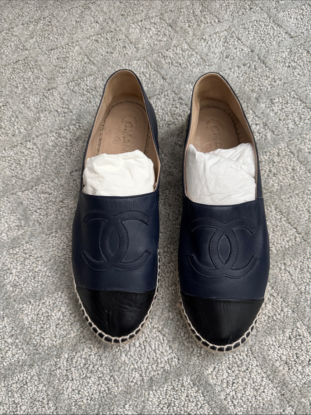 CHANEL Navy Leather Espadrilles with Black Cap Toe Size 41